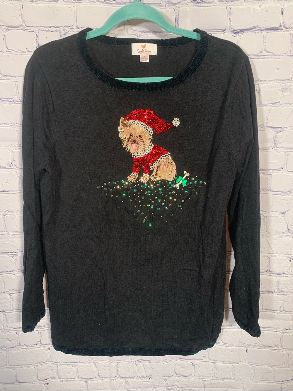 Quaker Factory Womens Dog Sequin Christmas Sweater Black Multi Sz M Casual